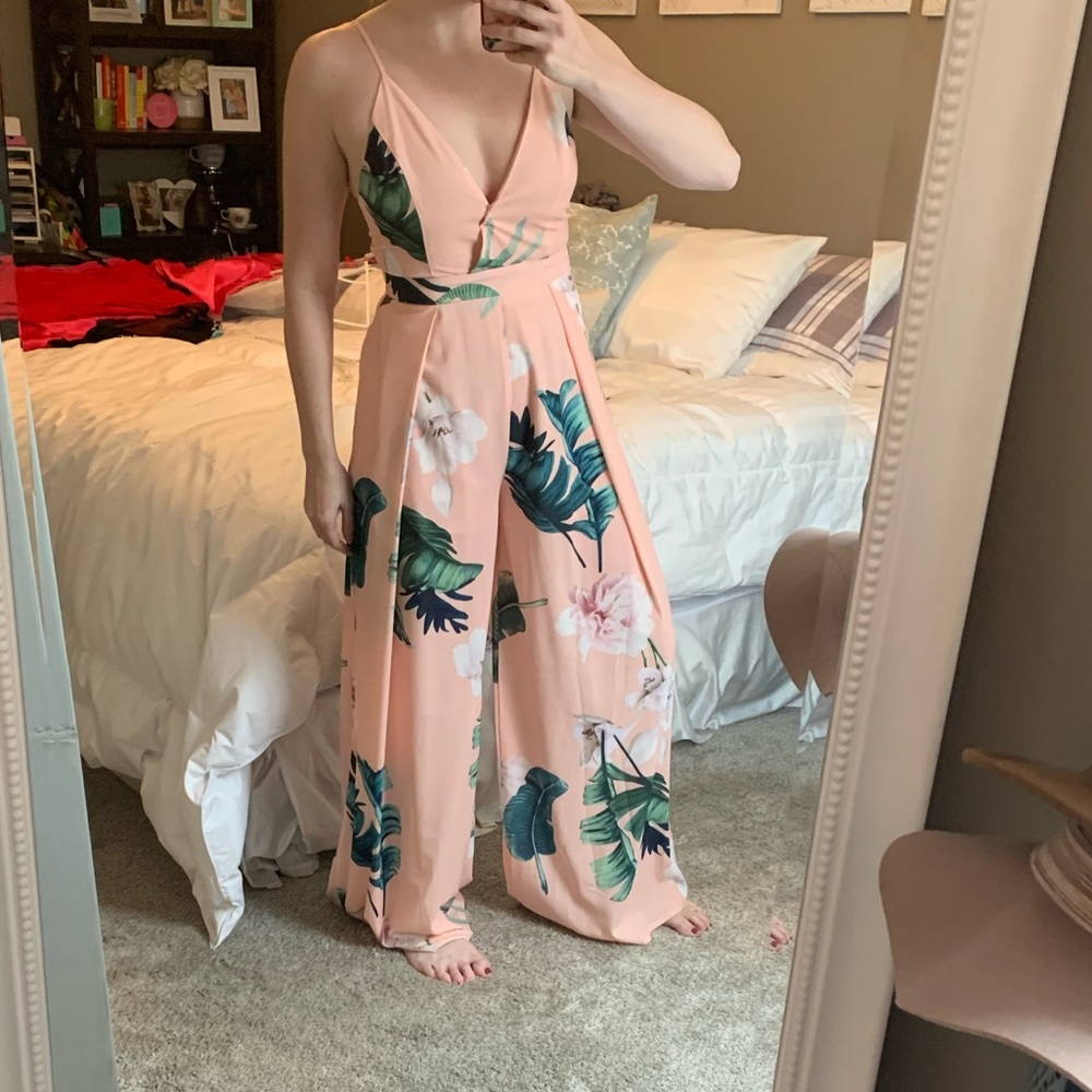 Tropical print blush jumpsuit